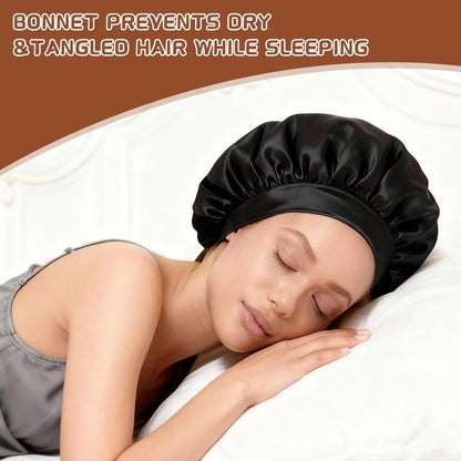 2 Stück Satin Hauben für die Nacht, Seidige Schlafhaube mit weichem elastischem Band, Haarschutz für Frauen (Gold Schwarz)