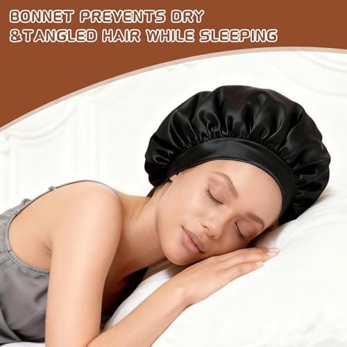 2 Stück Satin Hauben für die Nacht, Seidige Schlafhaube mit weichem elastischem Band, Haarschutz für Frauen (Gold Schwarz)