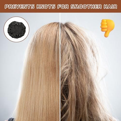 2 Stück Satin Hauben für die Nacht, Seidige Schlafhaube mit weichem elastischem Band, Haarschutz für Frauen (Gold Schwarz)