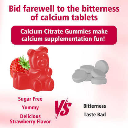 BVIVLOO Calcium Citrate Gummies 1200mg – Vegane, zuckerfreie Gummibärchen für Knochen & Zähne, Erdbeergeschmack, 60 Stück