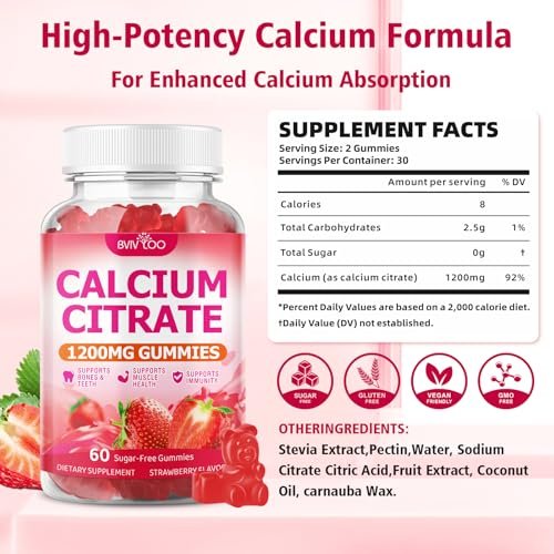 BVIVLOO Calcium Citrate Gummies 1200mg – Vegane, zuckerfreie Gummibärchen für Knochen & Zähne, Erdbeergeschmack, 60 Stück