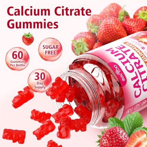 BVIVLOO Calcium Citrate Gummies 1200mg – Vegane, zuckerfreie Gummibärchen für Knochen & Zähne, Erdbeergeschmack, 60 Stück
