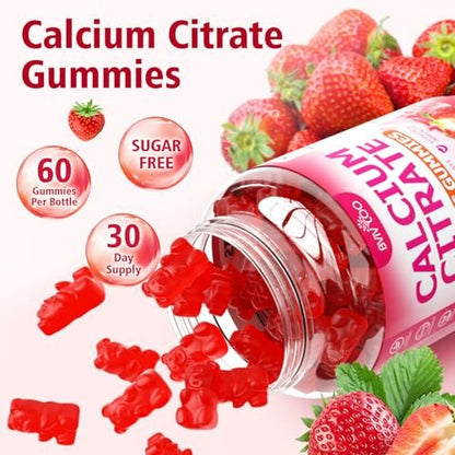 BVIVLOO Calcium Citrate Gummies 1200mg – Vegane, zuckerfreie Gummibärchen für Knochen & Zähne, Erdbeergeschmack, 60 Stück