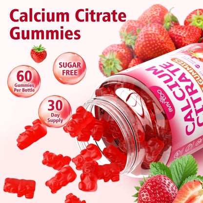 BVIVLOO Calcium Citrate Gummies 1200mg – Vegane, zuckerfreie Gummibärchen für Knochen & Zähne, Erdbeergeschmack, 60 Stück