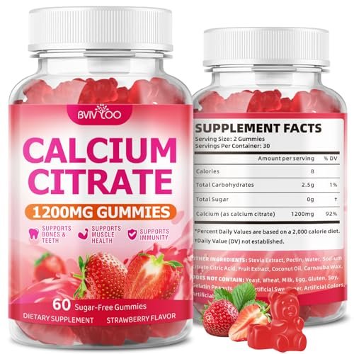 BVIVLOO Calcium Citrate Gummies 1200mg – Vegane, zuckerfreie Gummibärchen für Knochen & Zähne, Erdbeergeschmack, 60 Stück