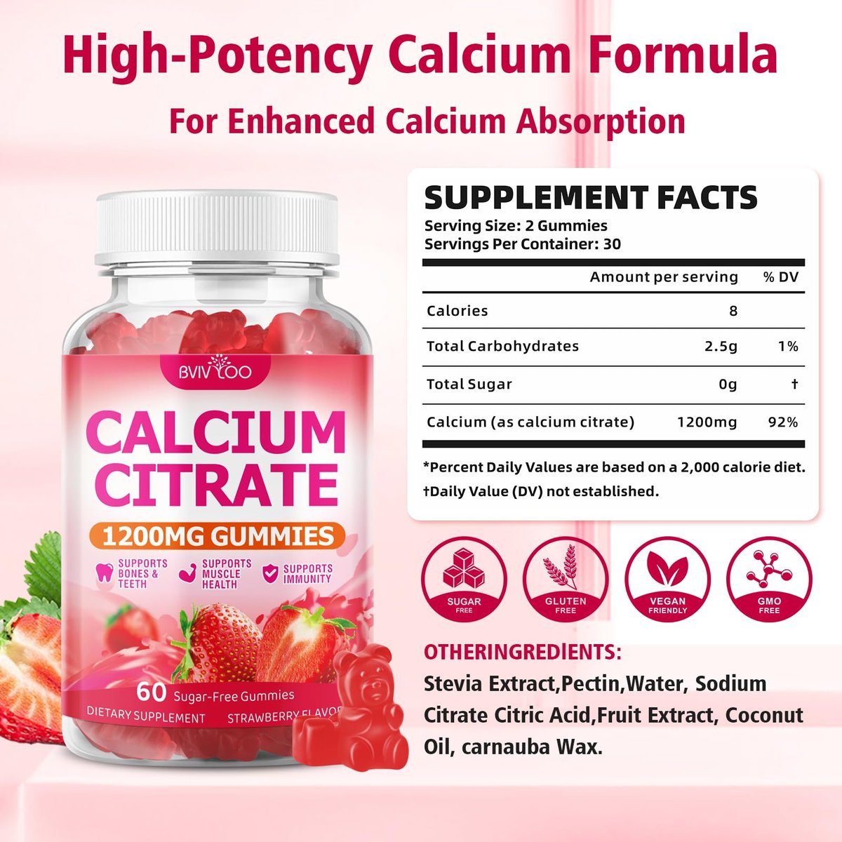 BVIVLOO Calcium Citrate Gummies 1200mg – Vegane, zuckerfreie Gummibärchen für Knochen & Zähne, Erdbeergeschmack, 60 Stück