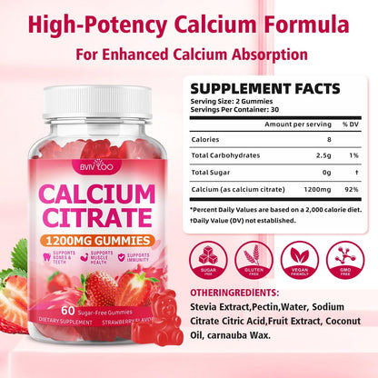 BVIVLOO Calcium Citrate Gummies 1200mg – Vegane, zuckerfreie Gummibärchen für Knochen & Zähne, Erdbeergeschmack, 60 Stück