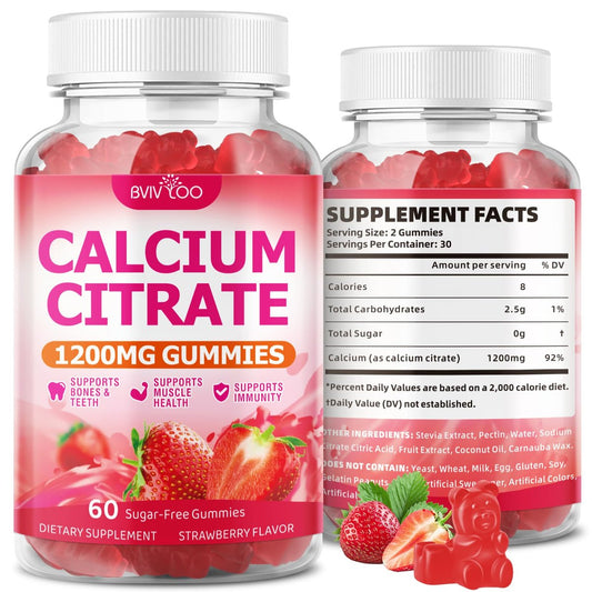 BVIVLOO Calcium Citrate Gummies 1200mg – Vegane, zuckerfreie Gummibärchen für Knochen & Zähne, Erdbeergeschmack, 60 Stück