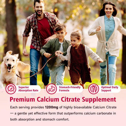 BVIVLOO Calcium Citrate Gummies 1200mg – Vegane, zuckerfreie Gummibärchen für Knochen & Zähne, Erdbeergeschmack, 60 Stück