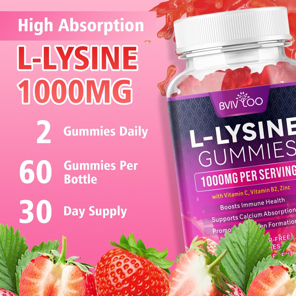 BVIVLOO L-Lysin 1000mg Gummis für Immununterstützung & Hautgesundheit - Hochdosierte vegane Gummis, zuckerfrei, natürlicher Beerengeschmack, glutenfrei, kaubares Nahrungsergänzungsmittel für Erwachsene & Kinder - 60 Gummis