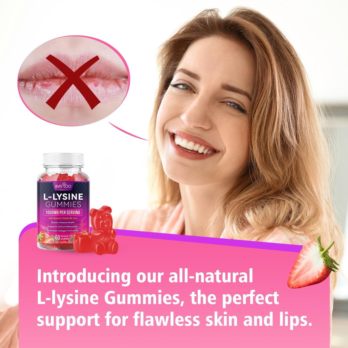BVIVLOO L-Lysin 1000mg Gummis für Immununterstützung & Hautgesundheit - Hochdosierte vegane Gummis, zuckerfrei, natürlicher Beerengeschmack, glutenfrei, kaubares Nahrungsergänzungsmittel für Erwachsene & Kinder - 60 Gummis