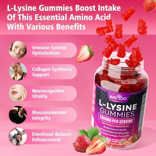 BVIVLOO L-Lysin 1000mg Gummis für Immununterstützung & Hautgesundheit - Hochdosierte vegane Gummis, zuckerfrei, natürlicher Beerengeschmack, glutenfrei, kaubares Nahrungsergänzungsmittel für Erwachsene & Kinder - 60 Gummis