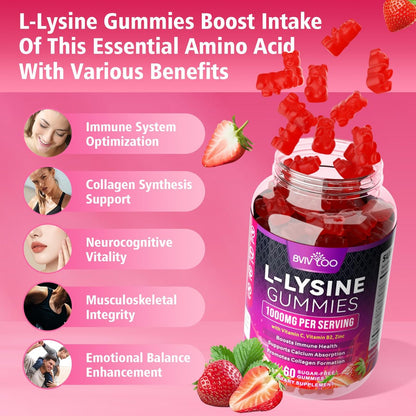 BVIVLOO L-Lysin 1000mg Gummis für Immununterstützung & Hautgesundheit - Hochdosierte vegane Gummis, zuckerfrei, natürlicher Beerengeschmack, glutenfrei, kaubares Nahrungsergänzungsmittel für Erwachsene & Kinder - 60 Gummis