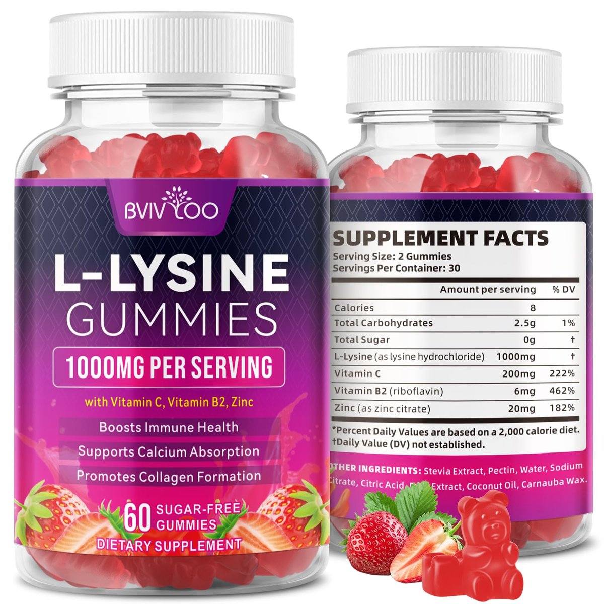 BVIVLOO L-Lysin 1000mg Gummis für Immununterstützung & Hautgesundheit - Hochdosierte vegane Gummis, zuckerfrei, natürlicher Beerengeschmack, glutenfrei, kaubares Nahrungsergänzungsmittel für Erwachsene & Kinder - 60 Gummis