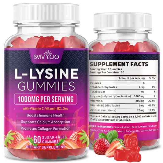 BVIVLOO L-Lysin 1000mg Gummis für Immununterstützung & Hautgesundheit - Hochdosierte vegane Gummis, zuckerfrei, natürlicher Beerengeschmack, glutenfrei, kaubares Nahrungsergänzungsmittel für Erwachsene & Kinder - 60 Gummis