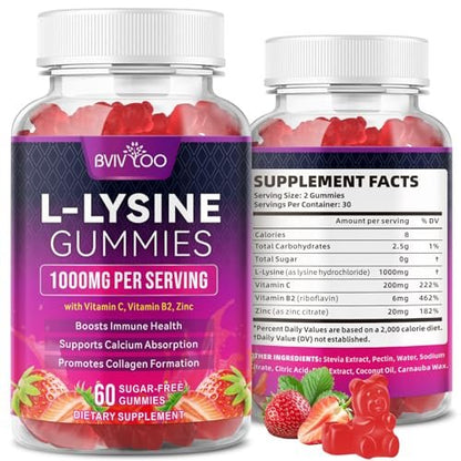 BVIVLOO L-Lysin 1000mg Gummis für Immununterstützung & Hautgesundheit - Hochdosierte vegane Gummis, zuckerfrei, natürlicher Beerengeschmack, glutenfrei, kaubares Nahrungsergänzungsmittel für Erwachsene & Kinder - 60 Gummis
