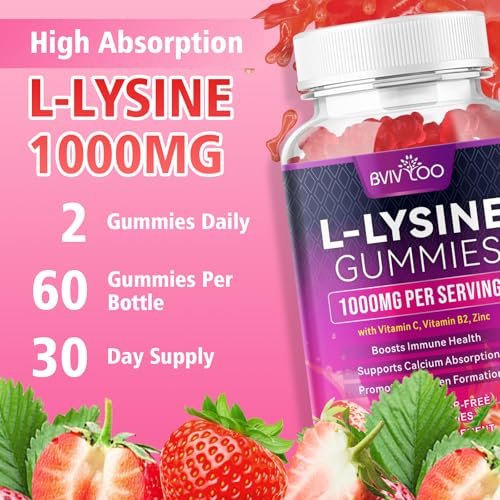 BVIVLOO L-Lysin 1000mg Gummis für Immununterstützung & Hautgesundheit - Hochdosierte vegane Gummis, zuckerfrei, natürlicher Beerengeschmack, glutenfrei, kaubares Nahrungsergänzungsmittel für Erwachsene & Kinder - 60 Gummis