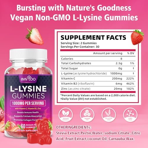 BVIVLOO L-Lysin 1000mg Gummis für Immununterstützung & Hautgesundheit - Hochdosierte vegane Gummis, zuckerfrei, natürlicher Beerengeschmack, glutenfrei, kaubares Nahrungsergänzungsmittel für Erwachsene & Kinder - 60 Gummis