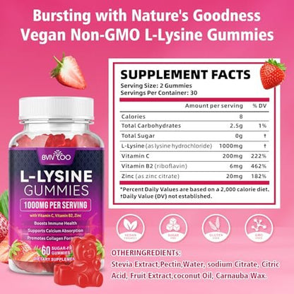 BVIVLOO L-Lysin 1000mg Gummis für Immununterstützung & Hautgesundheit - Hochdosierte vegane Gummis, zuckerfrei, natürlicher Beerengeschmack, glutenfrei, kaubares Nahrungsergänzungsmittel für Erwachsene & Kinder - 60 Gummis