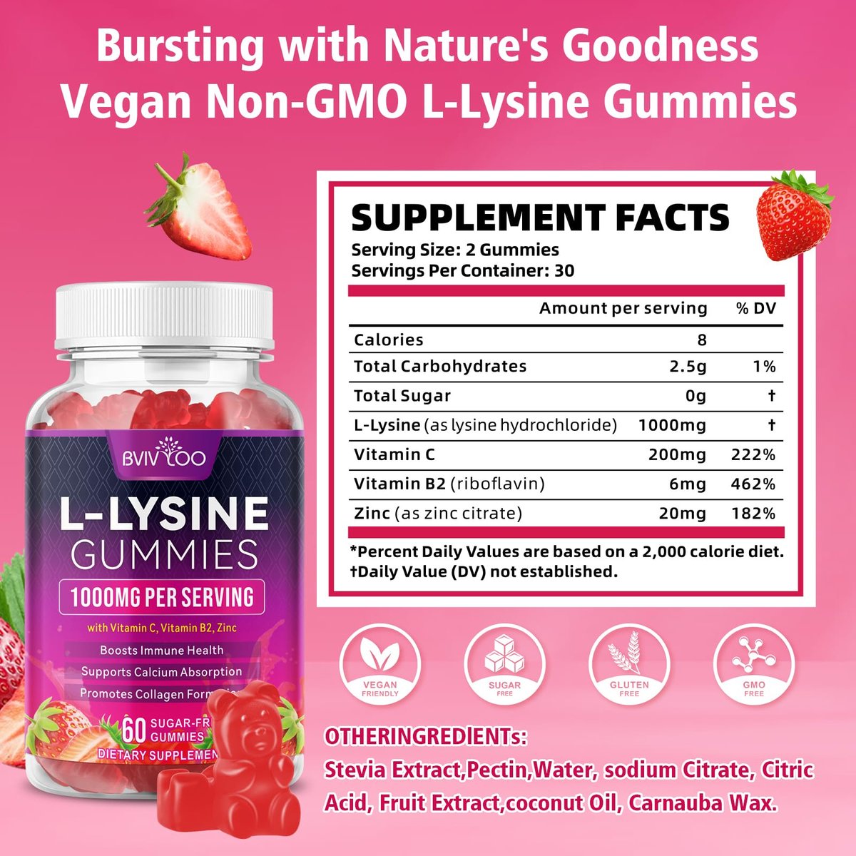 BVIVLOO L-Lysin 1000mg Gummis für Immununterstützung & Hautgesundheit - Hochdosierte vegane Gummis, zuckerfrei, natürlicher Beerengeschmack, glutenfrei, kaubares Nahrungsergänzungsmittel für Erwachsene & Kinder - 60 Gummis