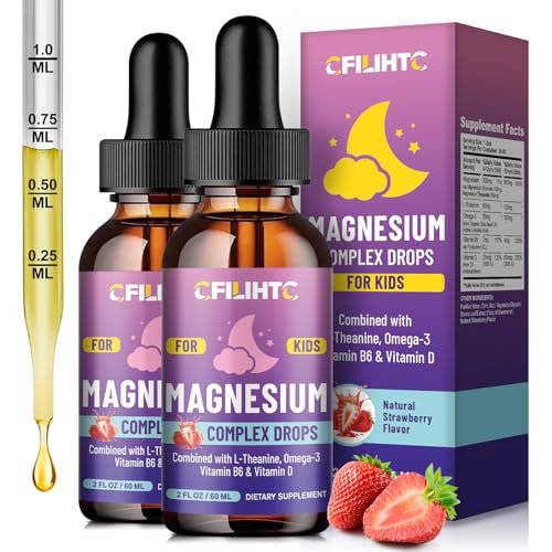 Kids Magnesium Liquid Drops – Magnesiumglycinat flüssig für Kinder mit L-Theanin, Omega-3, Vitamin B6, D3 – für Schlaf, Entspannung, Gehirn, Knochen – 118 ml Kinderruhe