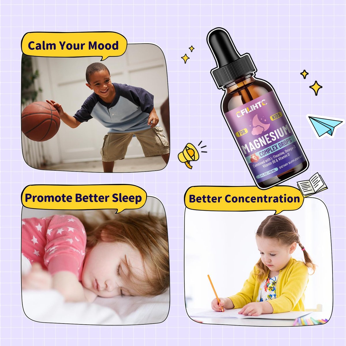 Kids Magnesium Liquid Drops – Magnesiumglycinat flüssig für Kinder mit L-Theanin, Omega-3, Vitamin B6, D3 – für Schlaf, Entspannung, Gehirn, Knochen – 118 ml Kinderruhe