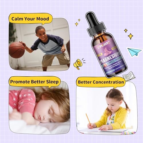 Kids Magnesium Liquid Drops – Magnesiumglycinat flüssig für Kinder mit L-Theanin, Omega-3, Vitamin B6, D3 – für Schlaf, Entspannung, Gehirn, Knochen – 118 ml Kinderruhe