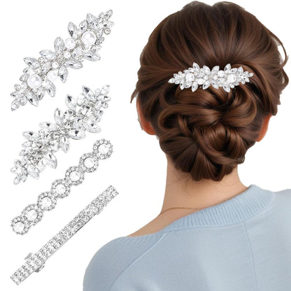 Nogeqi 4er-Pack funkelnde Strass-Haarklammern für Damen – Silberne Blumen-Haarklammern aus Metalllegierung für Hochzeit, Party und Alltag
