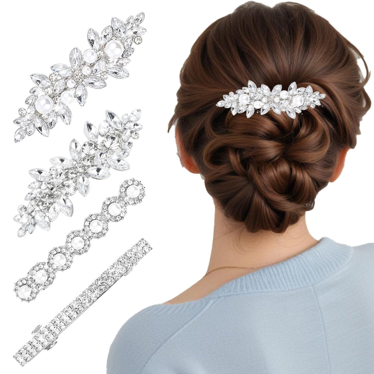 Nogeqi 4er-Pack funkelnde Strass-Haarklammern für Damen – Silberne Blumen-Haarklammern aus Metalllegierung für Hochzeit, Party und Alltag