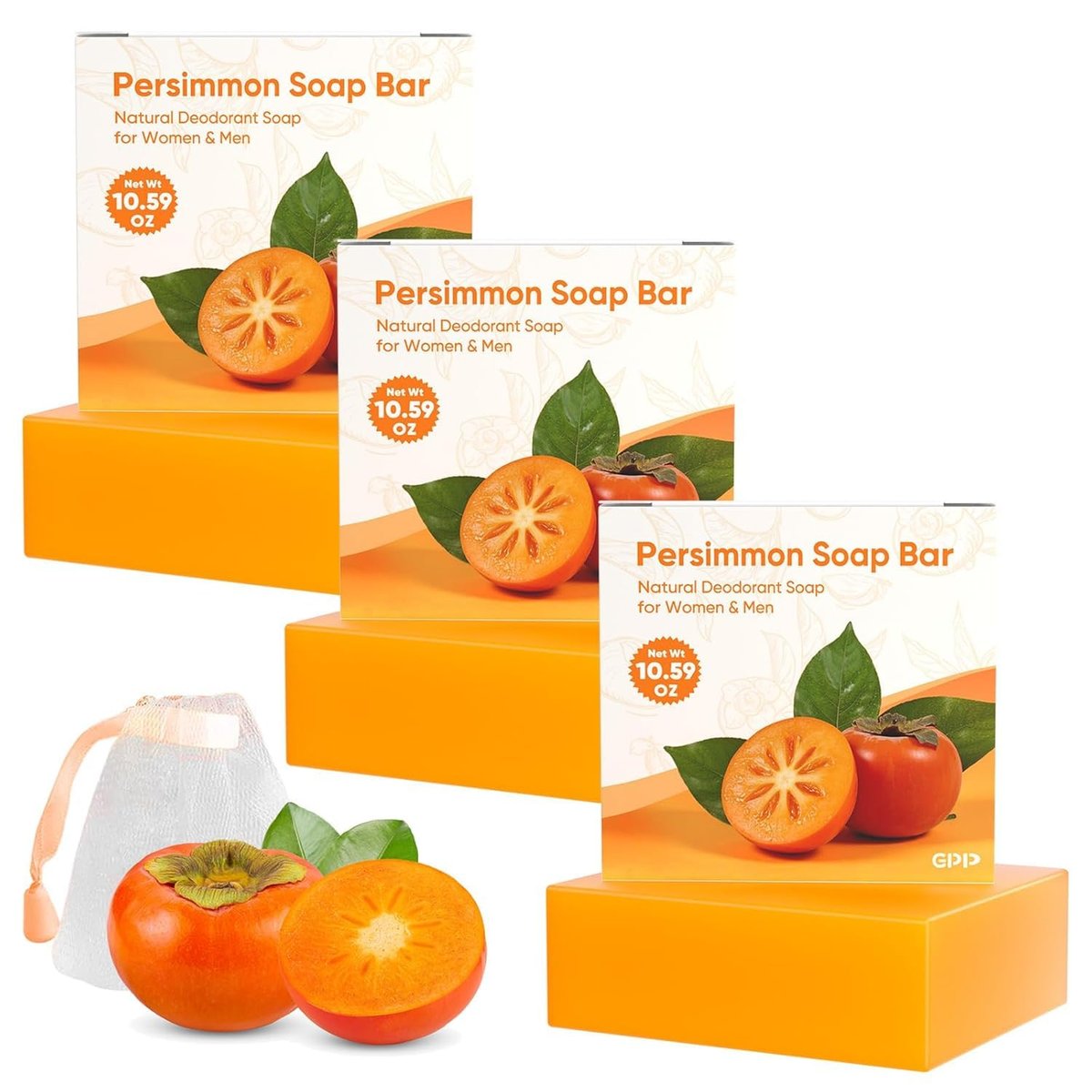 GPP Persimmon Seife Bar für Körpergeruch Kontrolle – 3 Stück Natürliche Körperwaschseife zur Beseitigung von Altersgeruch, Deodorierende Geruchsentferner für Frauen & Männer, 3,53 oz/pro Stück