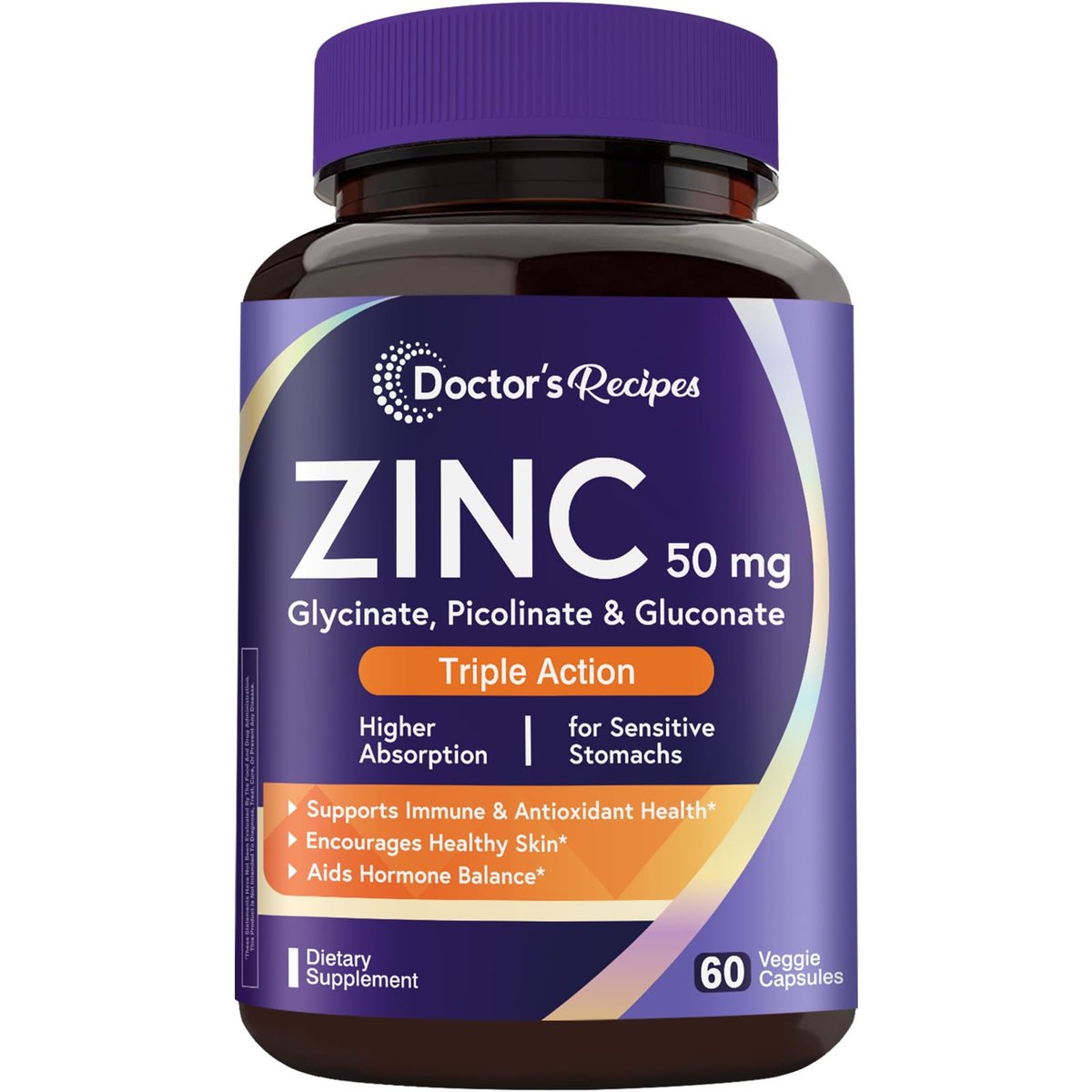 Doctor's Recipes Zink 50mg – Dreifache Immununterstützung, Chelatiertes Zinkpicolinat, Glycinat & Gluconat, Für Männer & Frauen, Hautgesundheit, Hormongleichgewicht, Vegan, 60 Kapseln