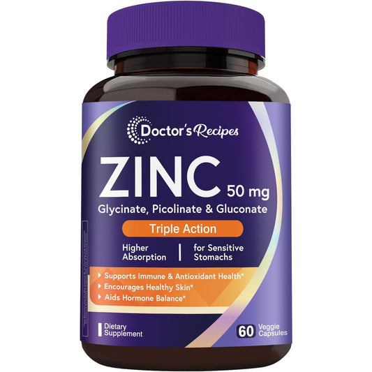 Doctor's Recipes Zink 50mg – Dreifache Immununterstützung, Chelatiertes Zinkpicolinat, Glycinat & Gluconat, Für Männer & Frauen, Hautgesundheit, Hormongleichgewicht, Vegan, 60 Kapseln