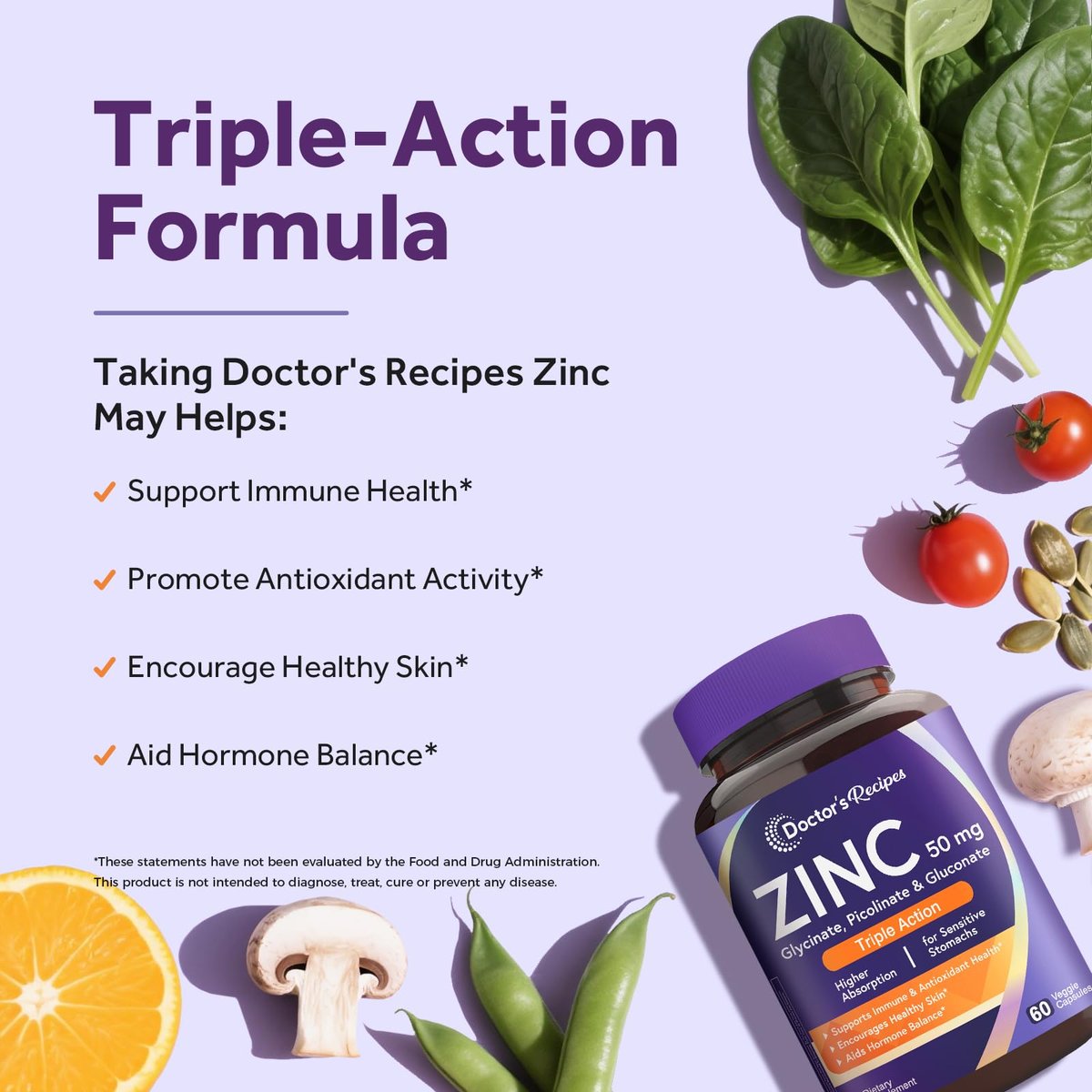 Doctor's Recipes Zink 50mg – Dreifache Immununterstützung, Chelatiertes Zinkpicolinat, Glycinat & Gluconat, Für Männer & Frauen, Hautgesundheit, Hormongleichgewicht, Vegan, 60 Kapseln
