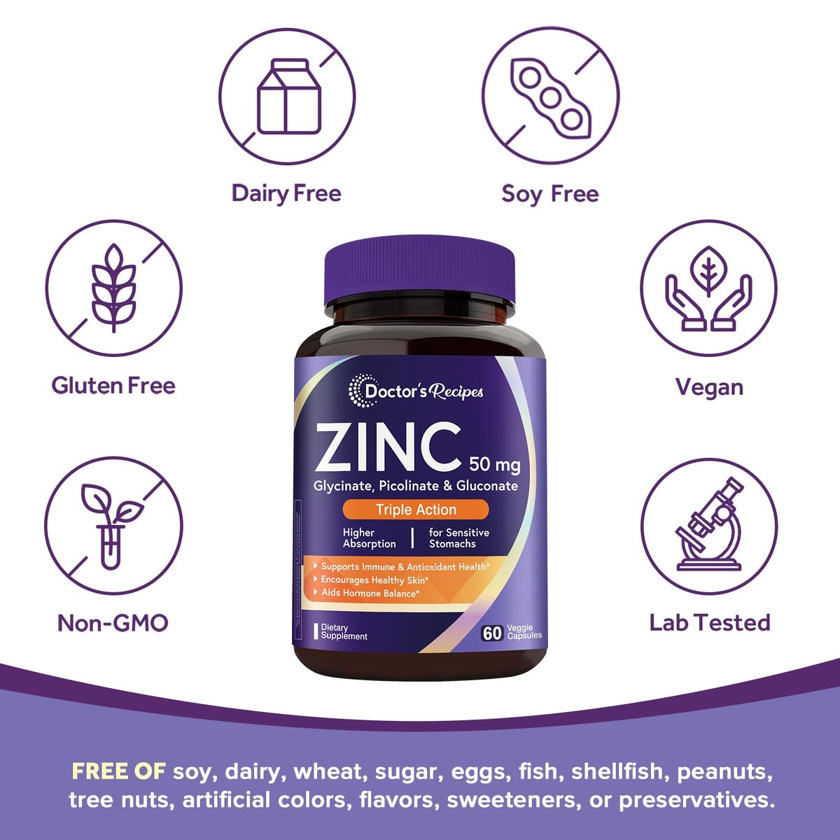 Doctor's Recipes Zink 50mg – Dreifache Immununterstützung, Chelatiertes Zinkpicolinat, Glycinat & Gluconat, Für Männer & Frauen, Hautgesundheit, Hormongleichgewicht, Vegan, 60 Kapseln
