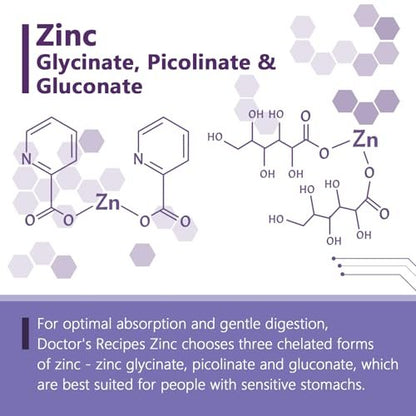 Doctor's Recipes Zink 50mg – Dreifache Immununterstützung, Chelatiertes Zinkpicolinat, Glycinat & Gluconat, Für Männer & Frauen, Hautgesundheit, Hormongleichgewicht, Vegan, 60 Kapseln
