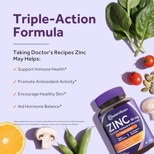 Doctor's Recipes Zink 50mg – Dreifache Immununterstützung, Chelatiertes Zinkpicolinat, Glycinat & Gluconat, Für Männer & Frauen, Hautgesundheit, Hormongleichgewicht, Vegan, 60 Kapseln