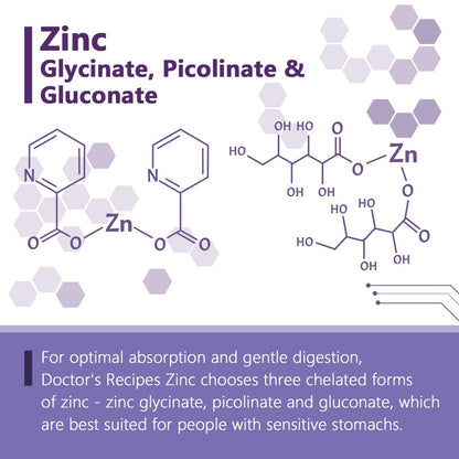 Doctor's Recipes Zink 50mg – Dreifache Immununterstützung, Chelatiertes Zinkpicolinat, Glycinat & Gluconat, Für Männer & Frauen, Hautgesundheit, Hormongleichgewicht, Vegan, 60 Kapseln