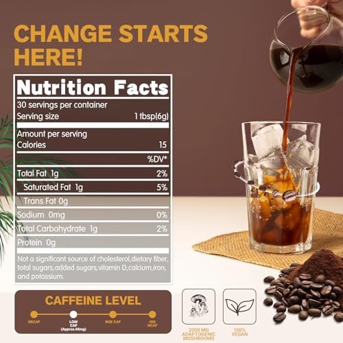 Pilz-Kaffee Instant mit 6 Pilzen: Löwenmähne, Cordyceps, Truthahnschwanz & mehr für Energie, Fokus, Verdauung, Immunität – 30 Portionen (1 Pack)