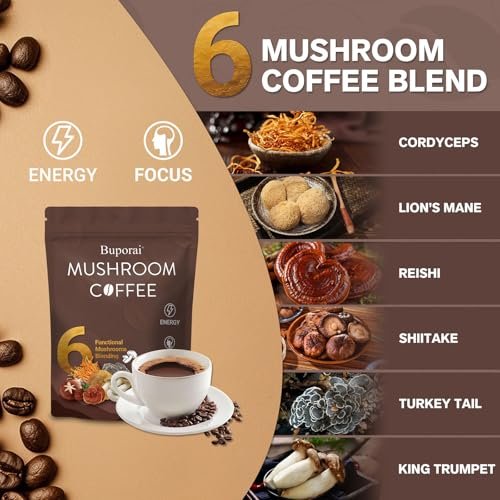 Pilz-Kaffee Instant mit 6 Pilzen: Löwenmähne, Cordyceps, Truthahnschwanz & mehr für Energie, Fokus, Verdauung, Immunität – 30 Portionen (1 Pack)