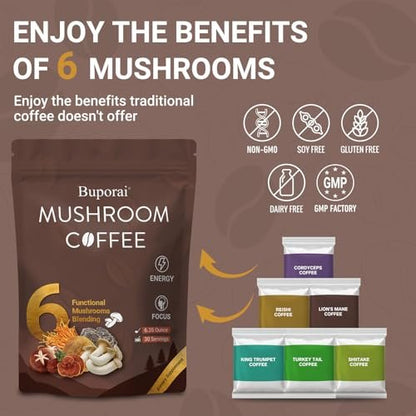 Pilz-Kaffee Instant mit 6 Pilzen: Löwenmähne, Cordyceps, Truthahnschwanz & mehr für Energie, Fokus, Verdauung, Immunität – 30 Portionen (1 Pack)