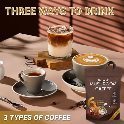 Pilz-Kaffee Instant mit 6 Pilzen: Löwenmähne, Cordyceps, Truthahnschwanz & mehr für Energie, Fokus, Verdauung, Immunität – 30 Portionen (1 Pack)
