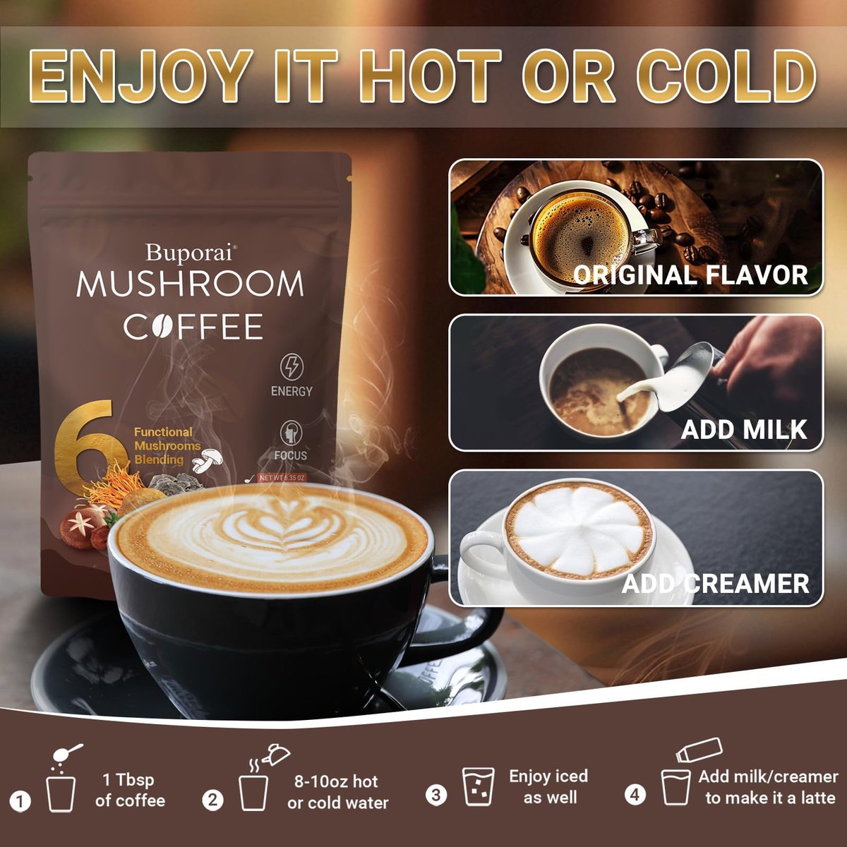 Pilz-Kaffee Instant mit 6 Pilzen: Löwenmähne, Cordyceps, Truthahnschwanz & mehr für Energie, Fokus, Verdauung, Immunität – 30 Portionen (1 Pack)