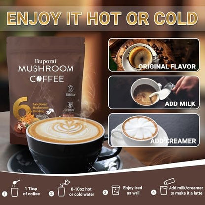 Pilz-Kaffee Instant mit 6 Pilzen: Löwenmähne, Cordyceps, Truthahnschwanz & mehr für Energie, Fokus, Verdauung, Immunität – 30 Portionen (1 Pack)