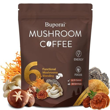 Pilz-Kaffee Instant mit 6 Pilzen: Löwenmähne, Cordyceps, Truthahnschwanz & mehr für Energie, Fokus, Verdauung, Immunität – 30 Portionen (1 Pack)