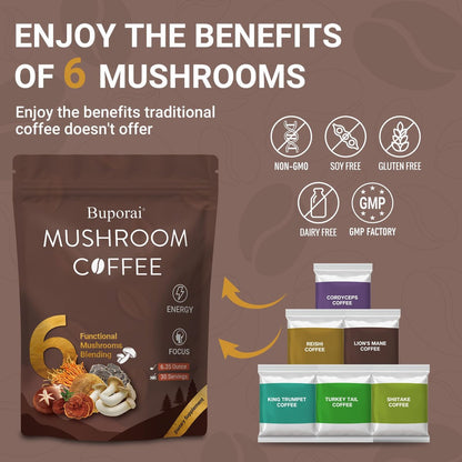 Pilz-Kaffee Instant mit 6 Pilzen: Löwenmähne, Cordyceps, Truthahnschwanz & mehr für Energie, Fokus, Verdauung, Immunität – 30 Portionen (1 Pack)