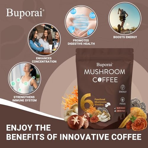 Pilz-Kaffee Instant mit 6 Pilzen: Löwenmähne, Cordyceps, Truthahnschwanz & mehr für Energie, Fokus, Verdauung, Immunität – 30 Portionen (1 Pack)