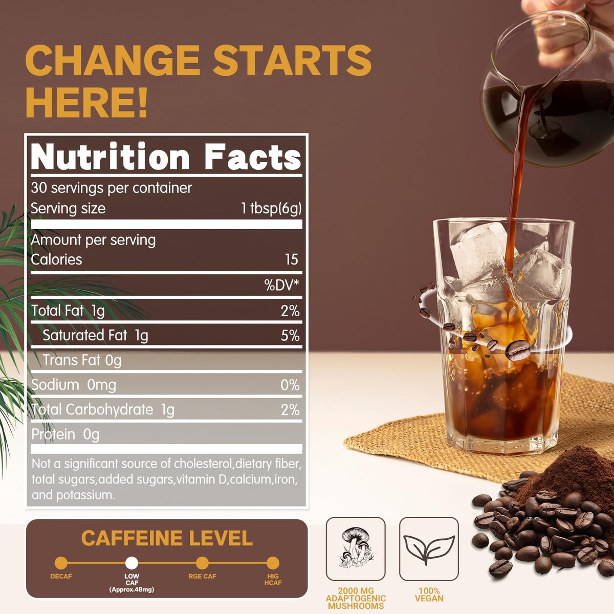 Pilz-Kaffee Instant mit 6 Pilzen: Löwenmähne, Cordyceps, Truthahnschwanz & mehr für Energie, Fokus, Verdauung, Immunität – 30 Portionen (1 Pack)
