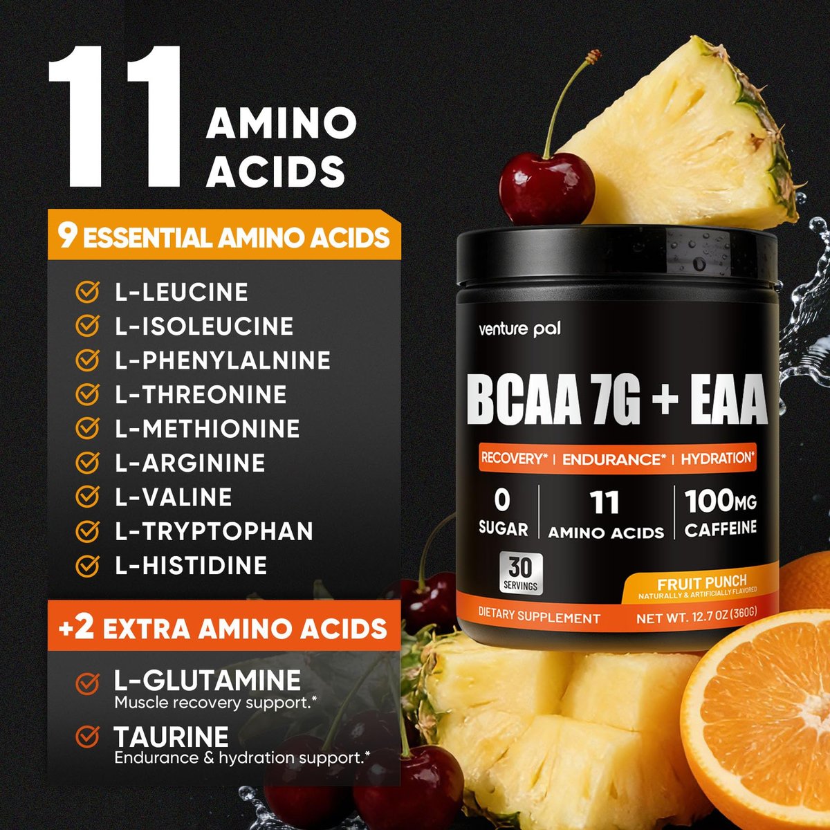 Venture Pal Zuckerfreies 7g BCAA + EAA Pulver | Unterstützt Muskelregeneration, Wachstum, Kraft & Ausdauer – 9 essentielle Aminosäuren mit L-Glutamin, Koffein, Vitaminen & Elektrolyten für Energie & Hydration