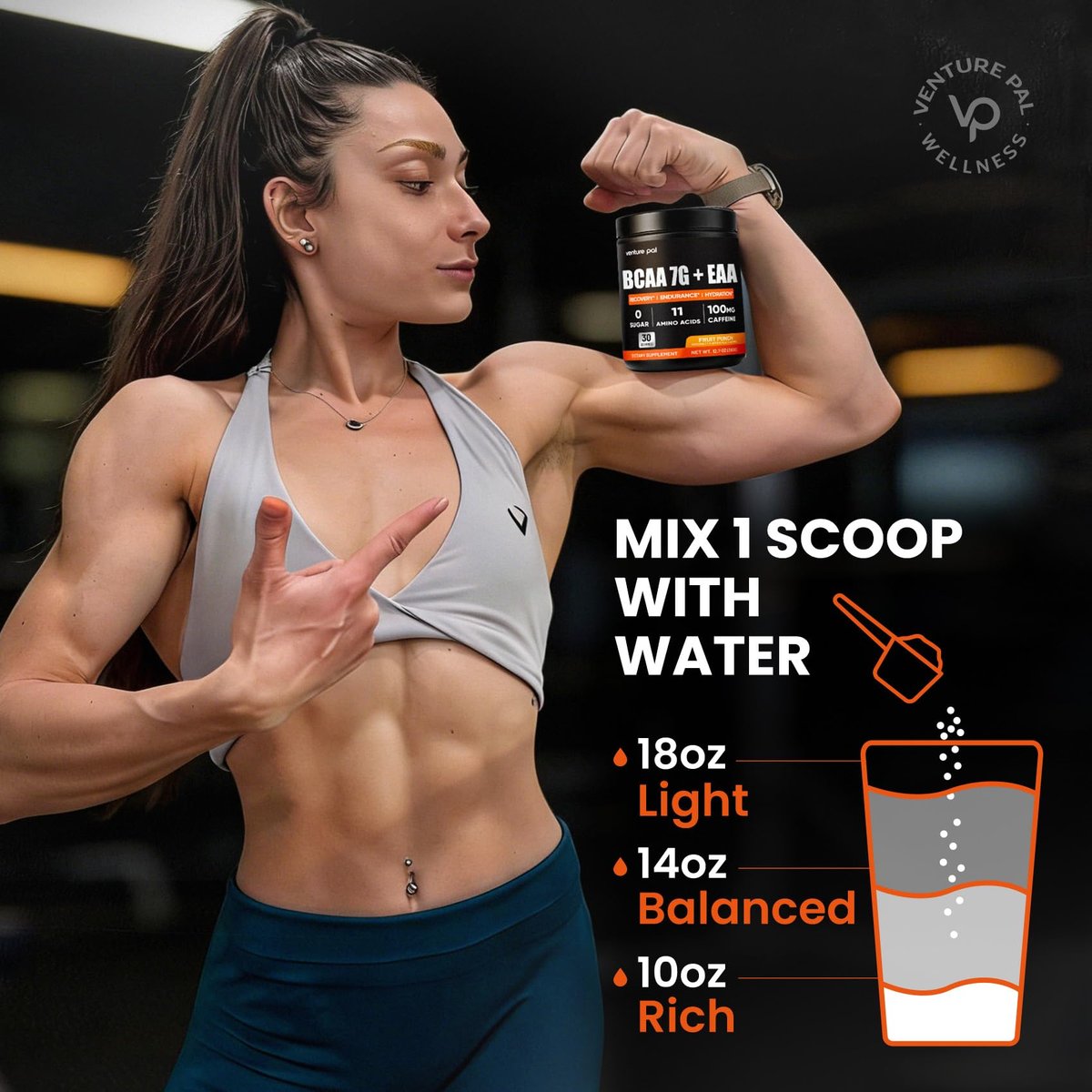 Venture Pal Zuckerfreies 7g BCAA + EAA Pulver | Unterstützt Muskelregeneration, Wachstum, Kraft & Ausdauer – 9 essentielle Aminosäuren mit L-Glutamin, Koffein, Vitaminen & Elektrolyten für Energie & Hydration