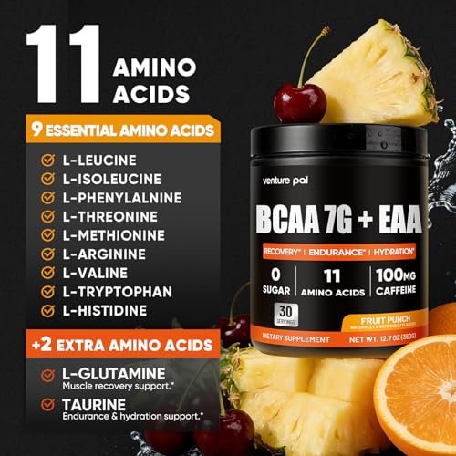 Venture Pal Zuckerfreies 7g BCAA + EAA Pulver | Unterstützt Muskelregeneration, Wachstum, Kraft & Ausdauer – 9 essentielle Aminosäuren mit L-Glutamin, Koffein, Vitaminen & Elektrolyten für Energie & Hydration